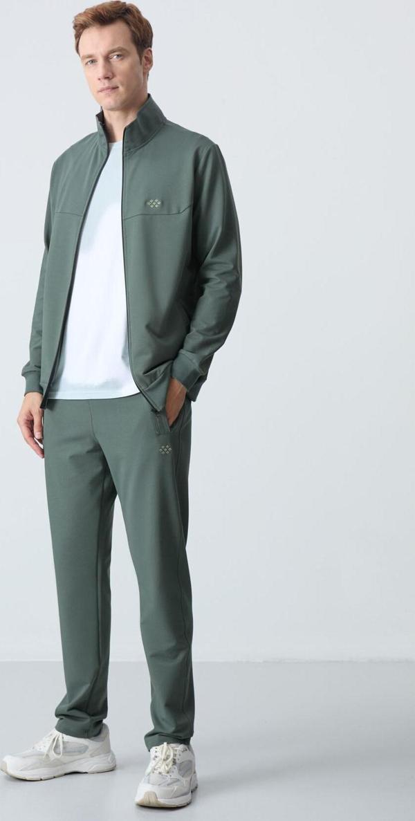 Haki Pamuklu Kalın Yumuşak Dokulu Comfort Fit Basic Erkek Eşofman Takım - 85260 - Image 1