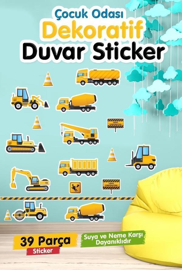  İş Makineleri Çocuk Odası Duvar Etiketleri Duvar Sticker Seti Inşaat Araçları, Vinç, Kamyon, Buldozer-T1181 - Image 1