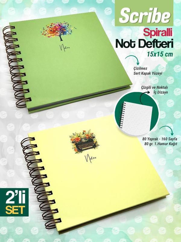 15x15 Cm Kare 2'li Set Spiralli Çizgili-Noktalı Tarihsiz Ajanda Not Defteri Scribe-T1133 - Image 1