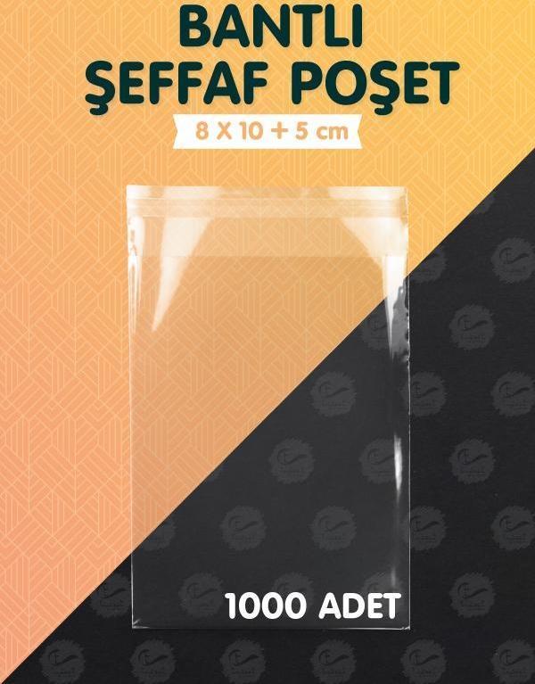 Bantlı Şeffaf Poşet (8x10+5cm)   1000 Adet Parlak Jelatin Paket Hediye Poşeti -T1161 - Image 1