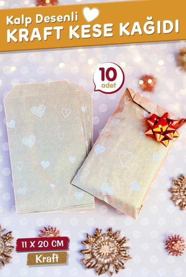 Kalp Desenli Kese Kağıdı, Kraft 11x20cm - 10 Adet-T1206 - Image 1