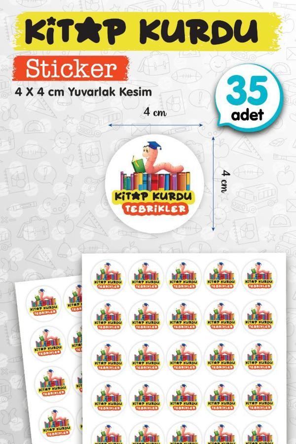 Kitap Kurdu Tebrikler  Etiket Sticker 35 adet 4cm Öğretmen Okul Ödev Karne İçin Motivasyon Etiket-T1159 - Image 1