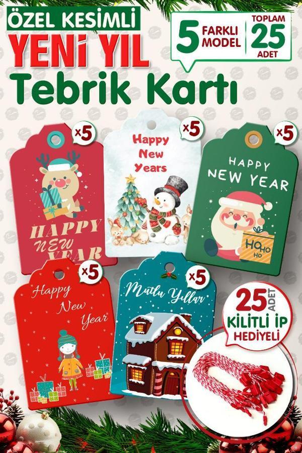 Yılbaşı Hediye Paketi Etiketi 25 Adet 7x4,5 Cm  , 25 Adet Kilitli İp Hediyeli - Happy New Year   Y4-T1107 - Image 1