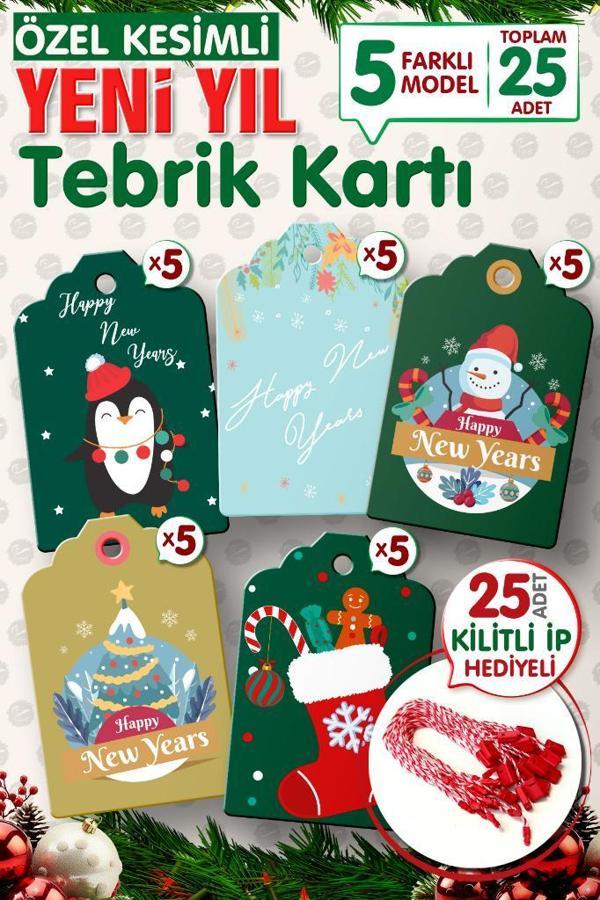 Yılbaşı Hediye Paketi Etiketi 25 Adet 7x4,5 Cm  , 25 Adet Kilitli İp Hediyeli - Happy New Year   Y5-T1131 - Image 1