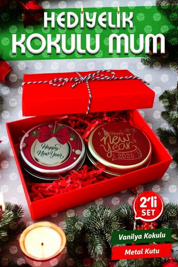 Yılbaşı Hediyelik Metal Kutu Kokulu Mum 2'li Set No:2 christmas gift candle-T1105 - Image 1