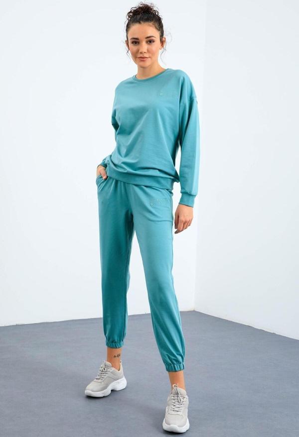 Mint Yeşil Basic Pamuklu O Yaka Oversize Lastik Paça Kadın Eşofman Takım - 95287 - Image 1