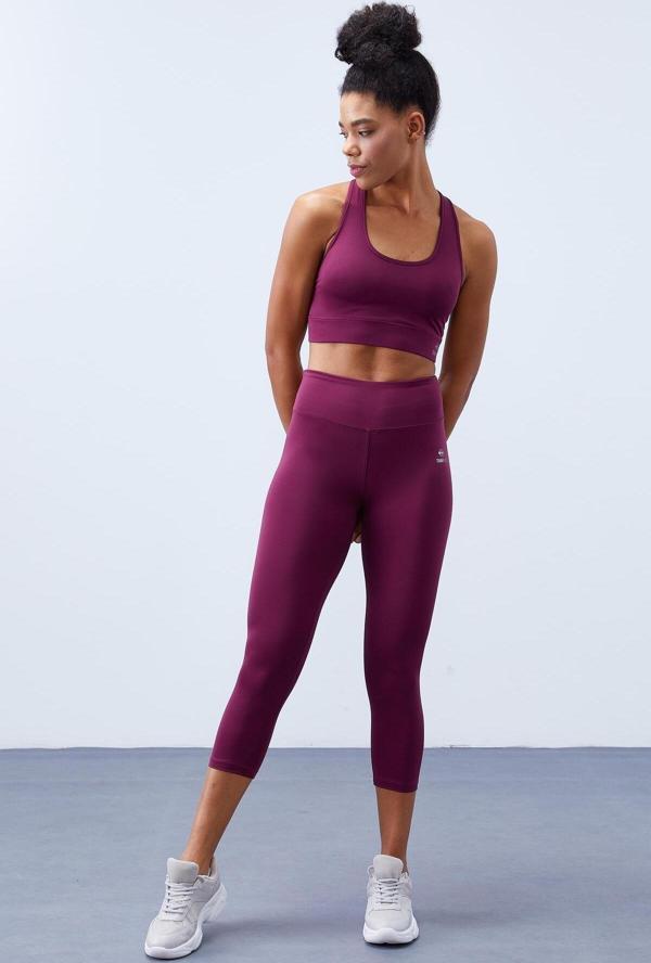 Bordo Yüksek Bel Toparlayıcı Çapraz Sırt Detaylı Slim Fit Kadın Tayt Takım - 95283 - Image 1
