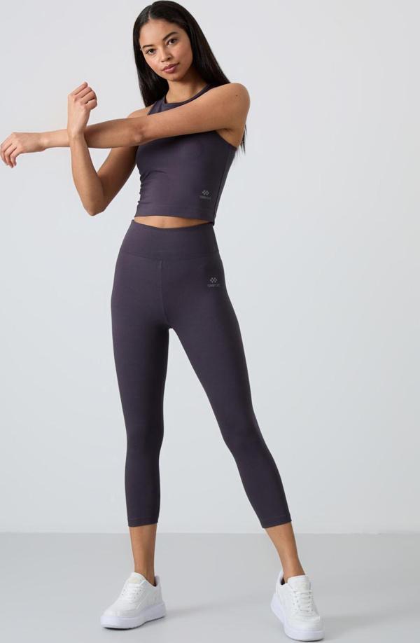 Antrasit Yüksek Bel Kapri-Crop Atlet Slim Fit Kadın Tayt Takım - 95284 - Image 1