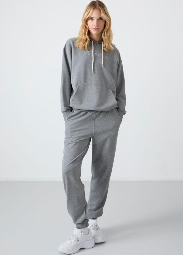 Gri Melanj Kapüşonlu Kanguru Cep Oversize Lastik Paça Kadın Eşofman Takımı - 95288 - Image 1