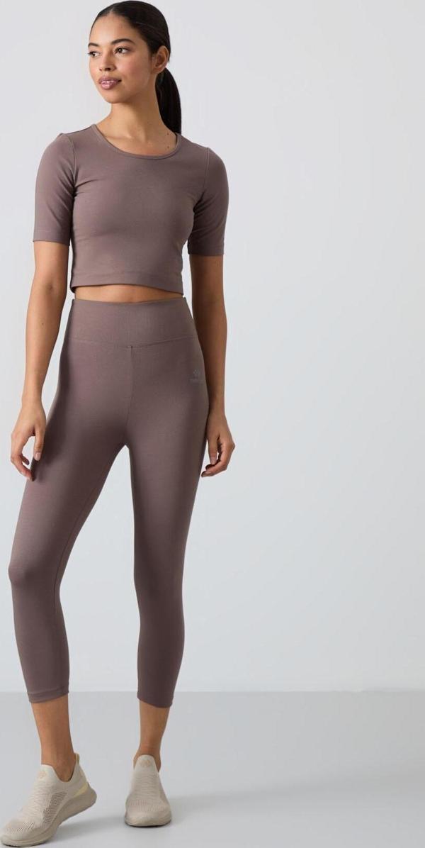 Kahverengi Yüksek Bel Kapri-Crop T-Shirt Slim Fit Kadın Tayt Takım - 95285 - Image 1