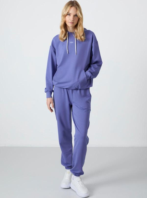 Eflatun Kapüşonlu Kanguru Cep Oversize Lastik Paça Kadın Eşofman Takımı - 95288 - Image 1