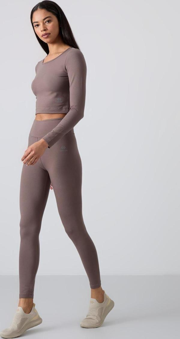 Kahvrengi Yüksek Bel Uzun Kollu Slim Fit Crop Top Kadın Tayt Takım - 95286 - Image 1