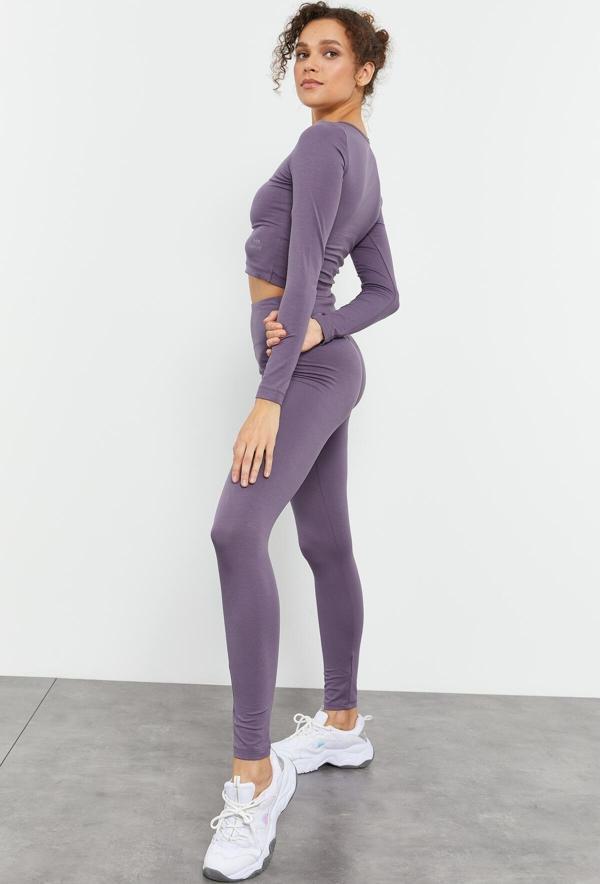 Eflatun Yüksek Bel Uzun Kollu Slim Fit Crop Top Kadın Tayt Takım - 95286 - Image 1