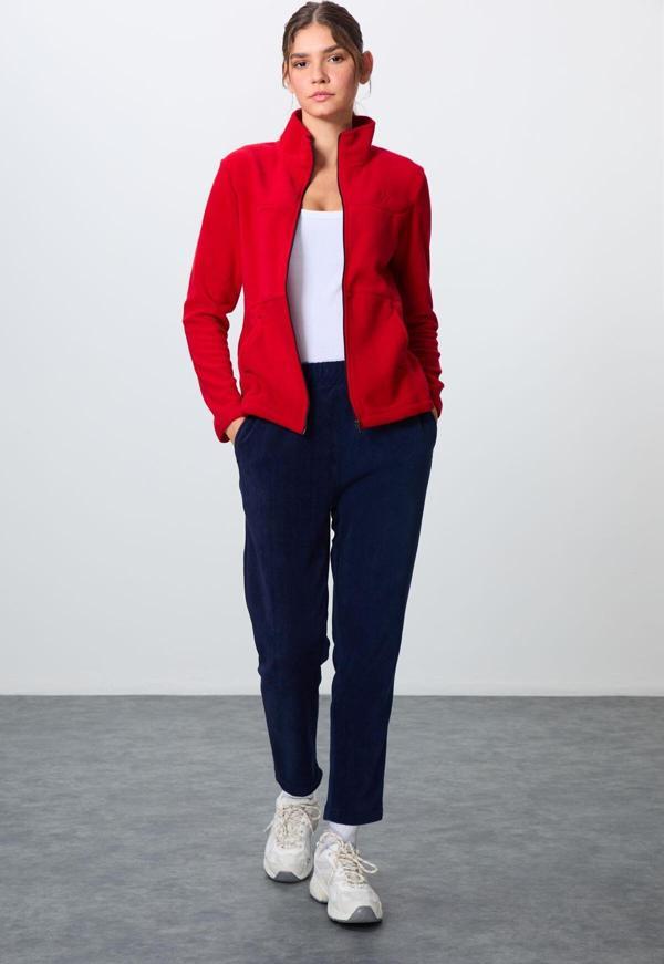 Kırmızı-Lacivert Kalın Yumuşak Dokulu Dik Yaka Oversize Nakışlı Polar Kadın Eşofman Takım -95339 - Image 1