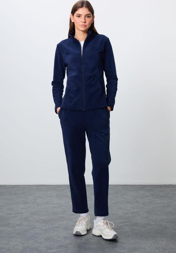 Lacivert Kalın Yumuşak Dokulu Dik Yaka Oversize Nakışlı Polar Kadın Eşofman Takım -95339 - Image 1