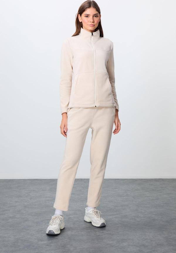 Bej Kalın Yumuşak Dokulu Dik Yaka Oversize Nakışlı Polar Kadın Eşofman Takım -95339 - Image 1