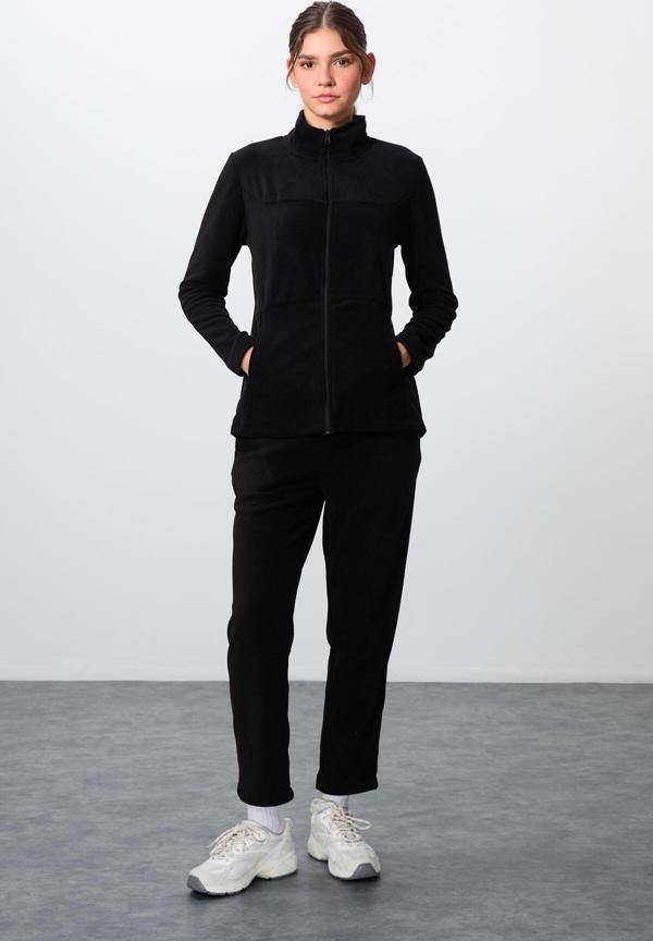 Siyah Kalın Yumuşak Dokulu Dik Yaka Oversize Nakışlı Polar Kadın Eşofman Takım -95339 - Image 1