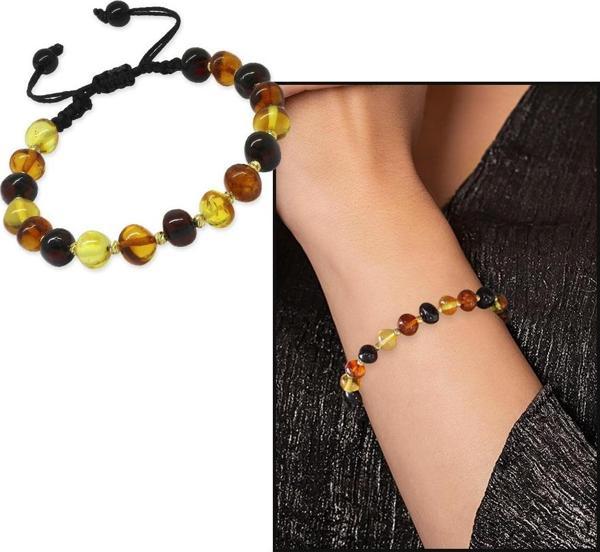 Makrome Örgülü Dorika Detaylı Multicolor Natural Form Doğal Damla Kehribar Kadın Bileklik - Image 1