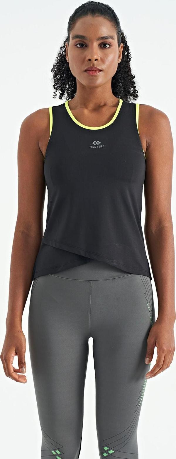 Siyah Logo Baskılı Biye Şeritli Standart Kalıp Kadın Spor Atlet - 97255 - Image 1