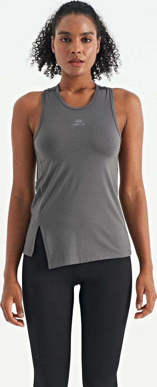 Koyu Gri Yırtmaç Detaylı O Yaka Sıfır Kollu Standart Kalıp Kadın Spor Atlet - 97256 - Image 1