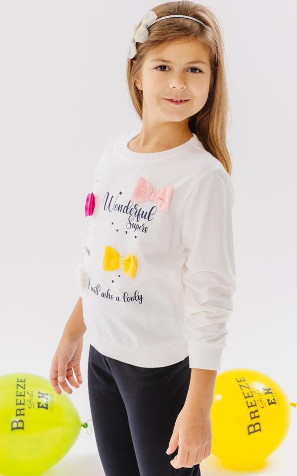 Breeze Kız Çocuk Sweatshirt Renkli Fiyonk Aksesuarlı Yazı Baskılı 3-8 Yaş, Ekru - Image 1