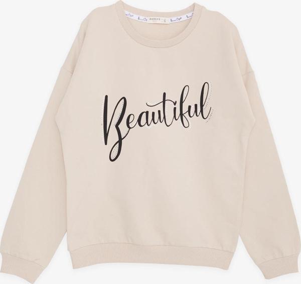 Breeze Kız Çocuk Sweatshirt Taşlı Yazı Baskılı 9-14 Yaş, Bej - Image 1