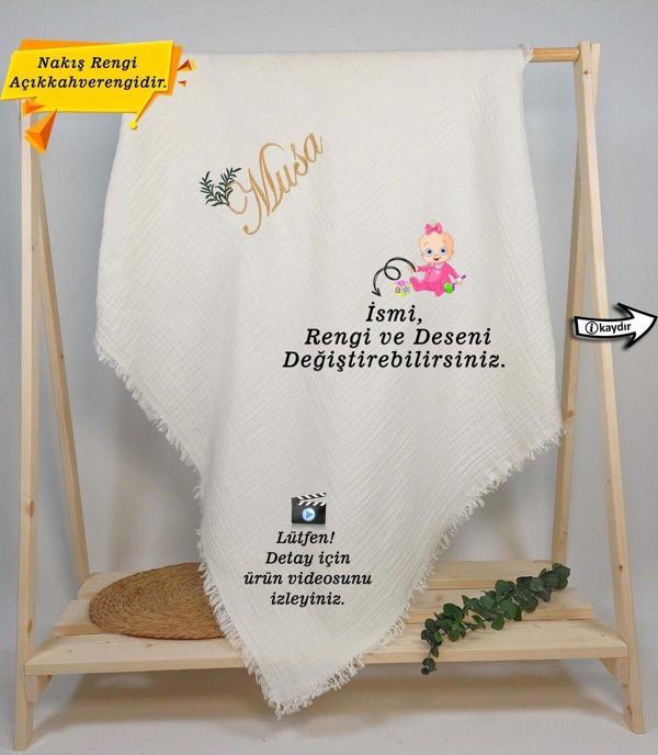 4 Katlı Müslin %100 Pamuk Çok Amaçlı Bebek Battaniyesi-Kişiye Özgü İsimli Nakış Desenli (HEDİYELİK} - Image 1