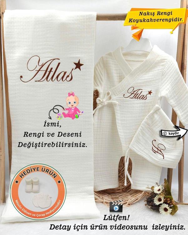 4Katlı Müslin 3'lü Kimono Bağcıklı Tulum %100Pamuk Hastane Çıkışı(Kişiye Özgü İsimli Nakış Desenli) - Image 1