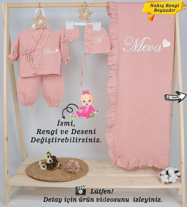 4 Katlı Müslin 5'li Kimono Bağcıklı Tulum %100Pamuk Hastane Çıkışı(Kişiye Özgü İsimli Nakış Desenli) - Image 1