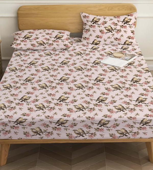 Pudra Pembe Kuş Desenli Çift Kişilik Çarşaf Pamuklu - Image 1