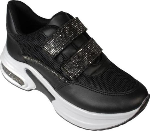 YAZKIŞ Kadın Siyah Beyaz Fileli Çırtlı Çırtı Ve Tabanı Taşlı 5cm kalın Taban Sneaker Fashıon Spor Ay - Image 1