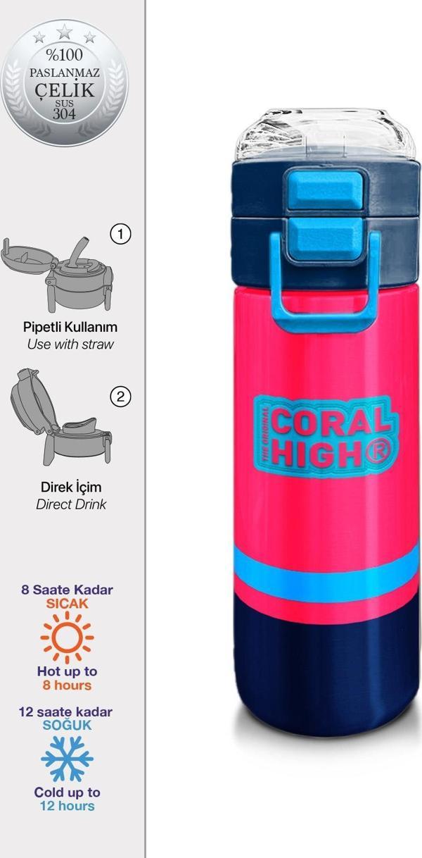 Coral High Kids Neon Mercan Lacivert Pipetli ve Direkt İçim Çelik Termos 500 ml 31823 - Image 1