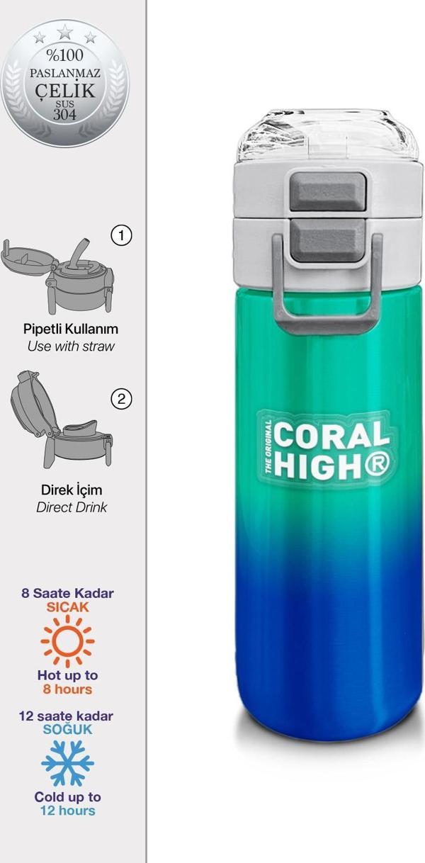 Coral High Kids Yeşil Saks Renk Geçişli Pipetli ve Direkt İçim Çelik Termos 500 ml 31839 - Image 1
