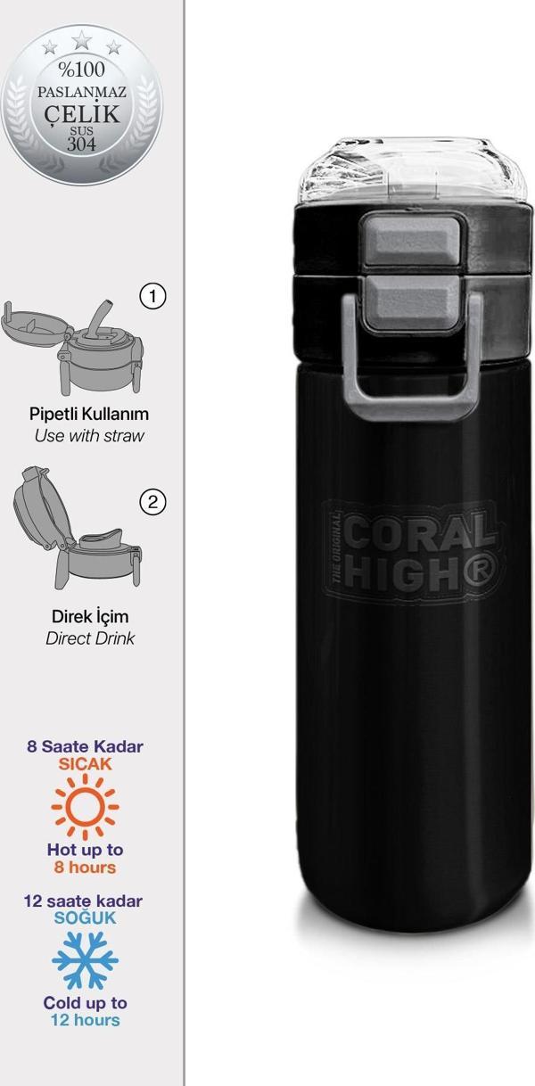 Coral High Kids Siyah Pipetli ve Direkt İçim Çelik Termos 500 ml 31827 - Image 1