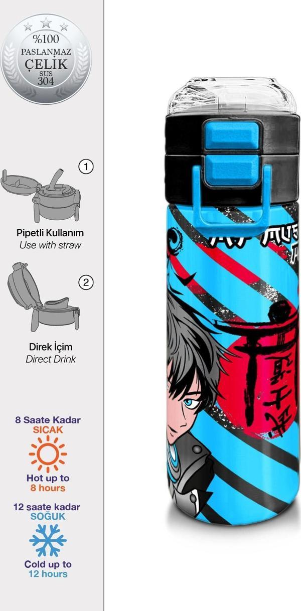Coral High Kids Siyah Mavi Anime Desenli Pipetli ve Direkt İçim Çelik Termos 500 ml 31840 - Image 1