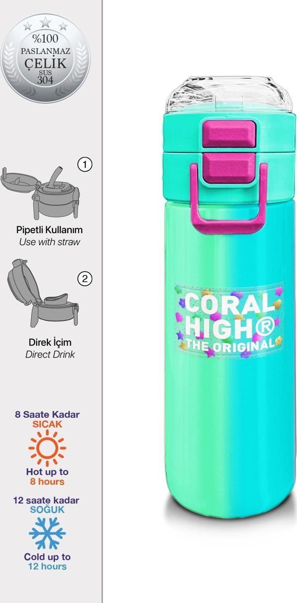 Coral High Kids Renkli Çizgili Pipetli ve Direkt İçim Çelik Termos 500 ml 31844 - Image 1