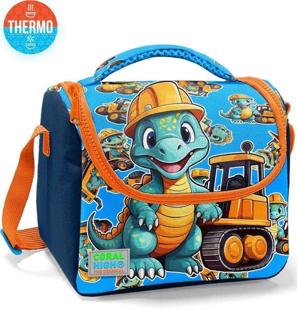 Coral High Kids Mavi Turuncu Dinozor Desenli Thermo Beslenme Çantası 12793 - Image 1