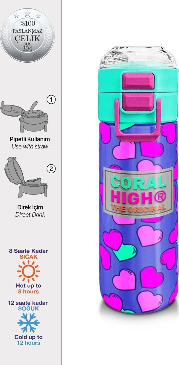 Coral High Kids Lavanta Pembe Kalp Desenli Pipetli ve Direkt İçim Çelik Termos 500 ml 31910 - Image 1