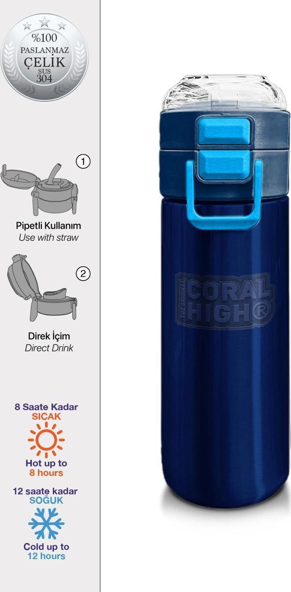 Coral High Kids Lacivert Mavi Pipetli ve Direkt İçim Çelik Termos 500 ml 31828 - Image 1