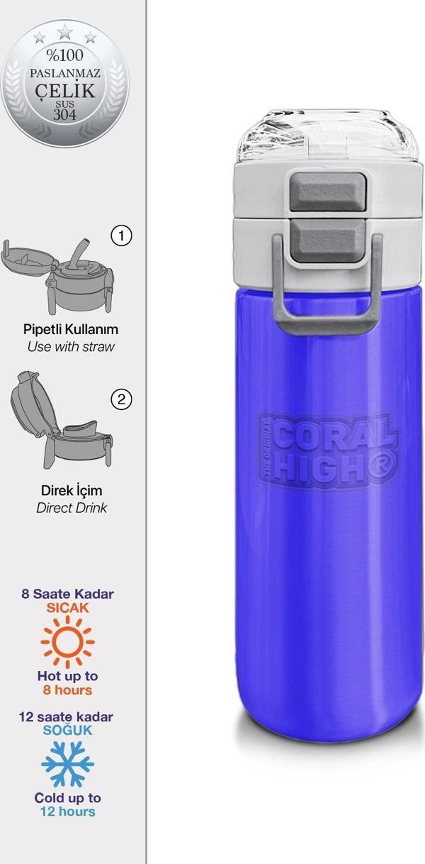 Coral High Kids Açık Mor Pipetli ve Direkt İçim Çelik Termos 500 ml 31830 - Image 1