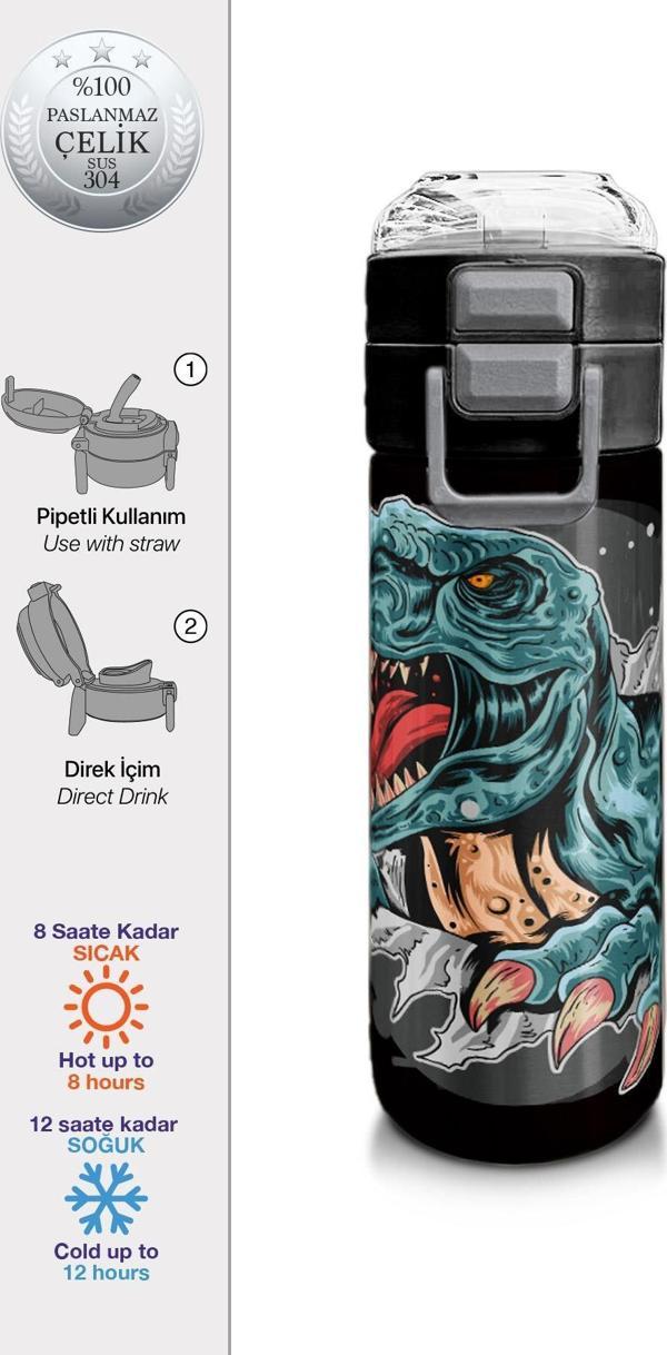 Coral High Kids Koyu Gri Siyah Dinozor Desenli Pipetli ve Direkt İçim Çelik Termos 500 ml 31822 - Image 1