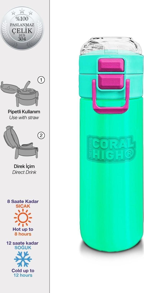 Coral High Kids Pembe Su Yeşili Pipetli ve Direkt İçim Çelik Termos 500 ml 31825 - Image 1