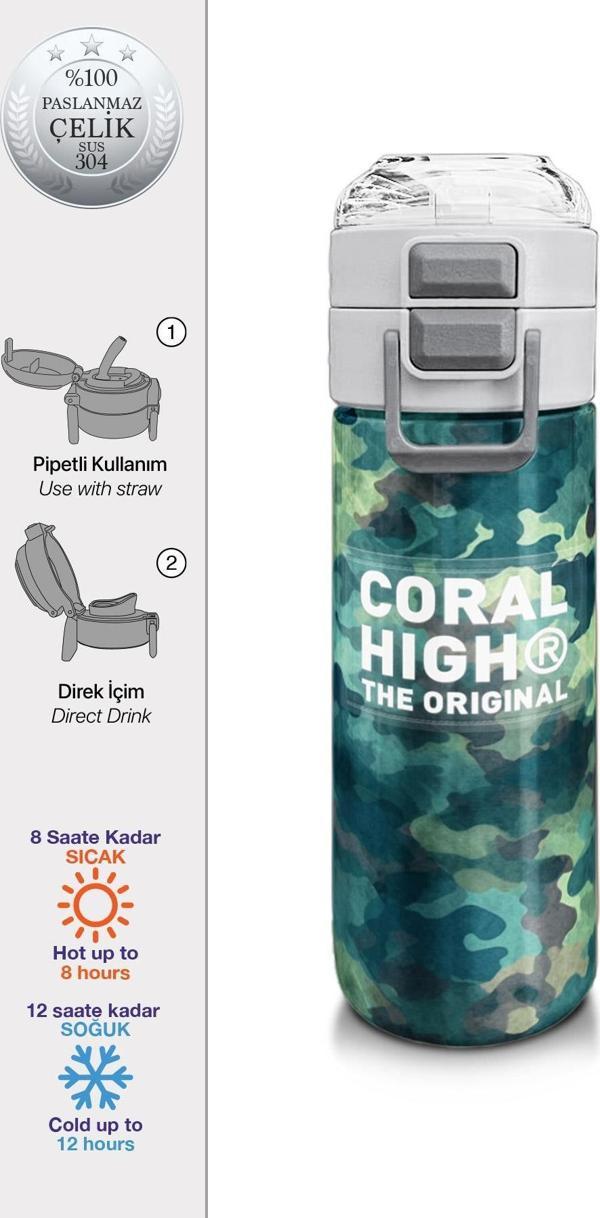 Coral High Kids Nefti Kamuflaj Desenli Pipetli ve Direkt İçim Çelik Termos 500 ml 31845 - Image 1
