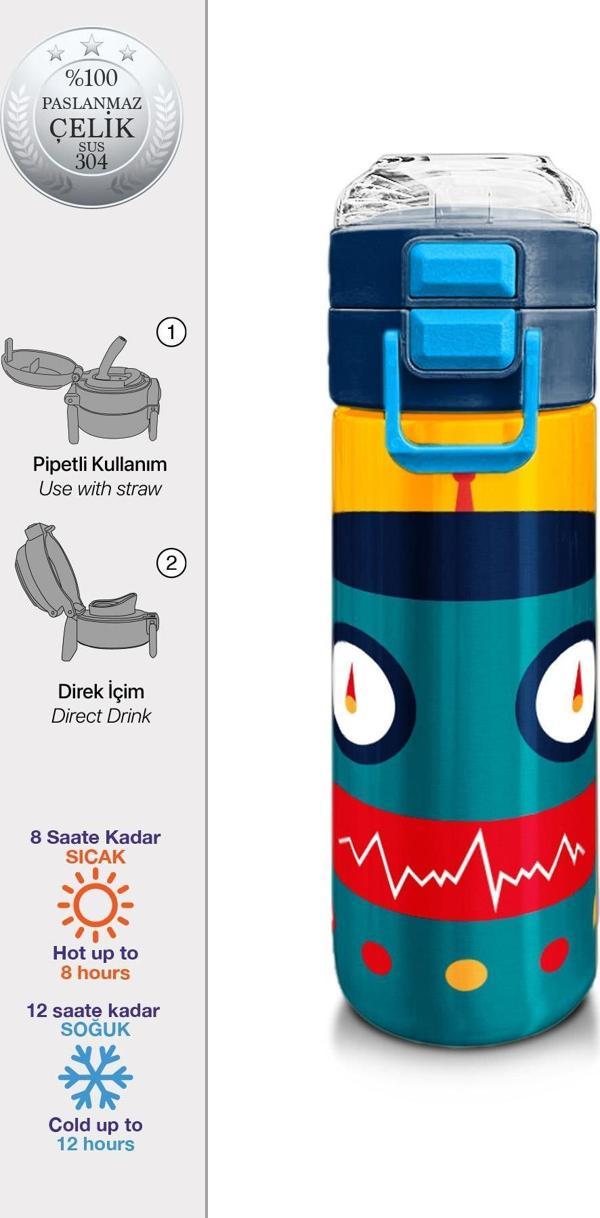 Coral High Kids Lacivert Çivit Robot Desenli Pipetli ve Direkt İçim Çelik Termos 500 ml 31918 - Image 1