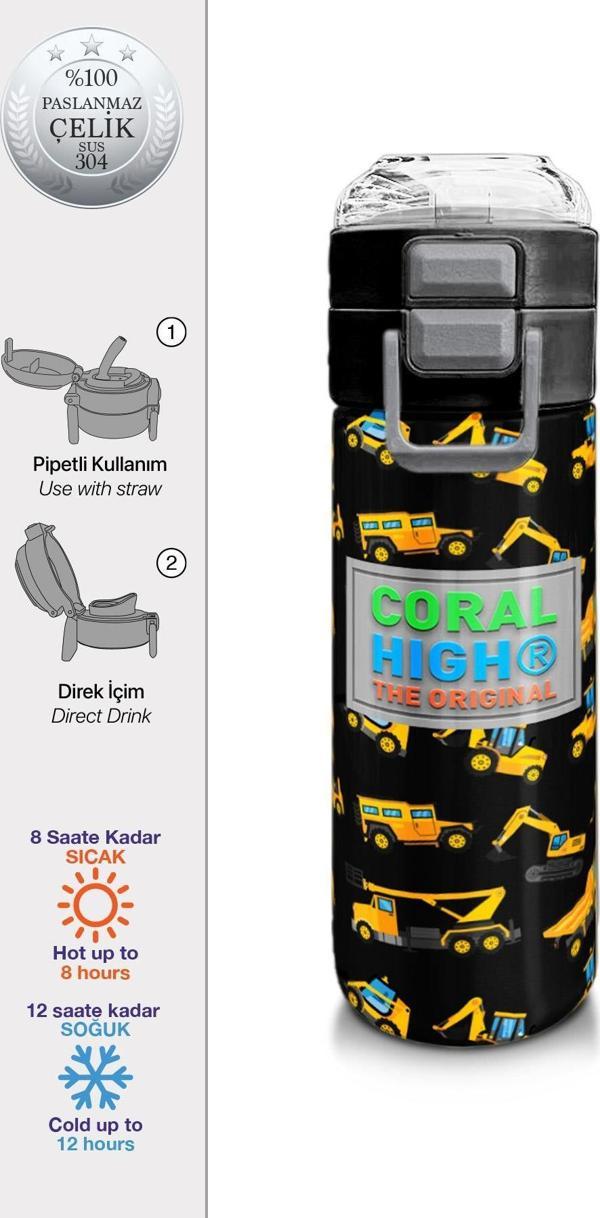 Coral High Kids Siyah Sarı İş Makinesi Desenli Pipetli ve Direkt İçim Çelik Termos 500 ml 31920 - Image 1