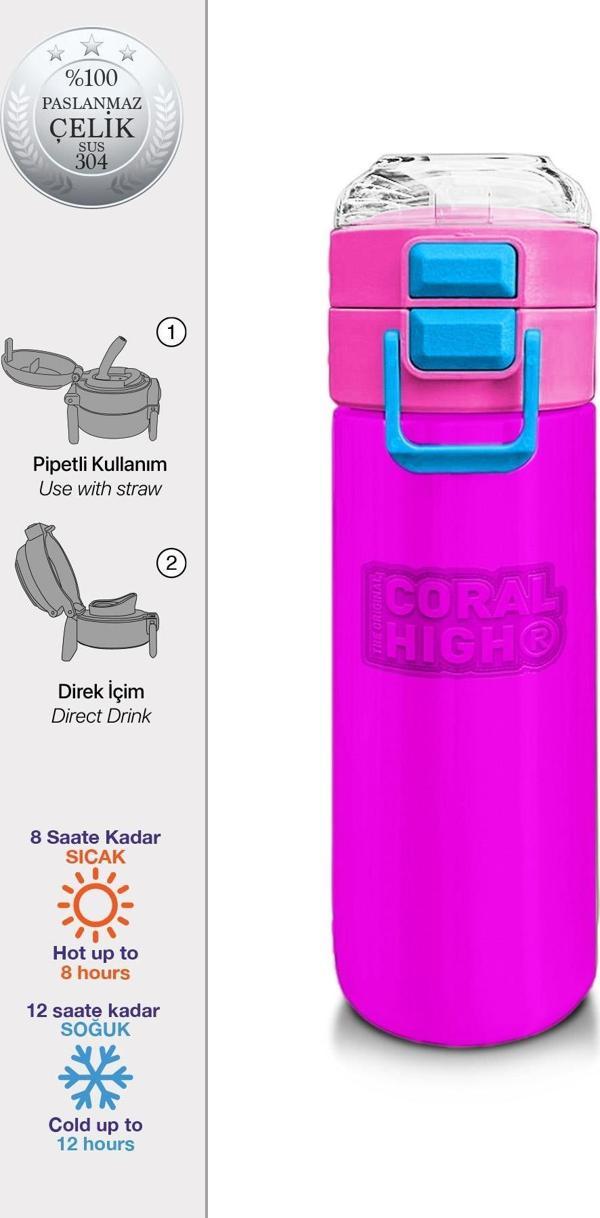 Coral High Kids Pembe Pipetli ve Direkt İçim Çelik Termos 500 ml 31843 - Image 1