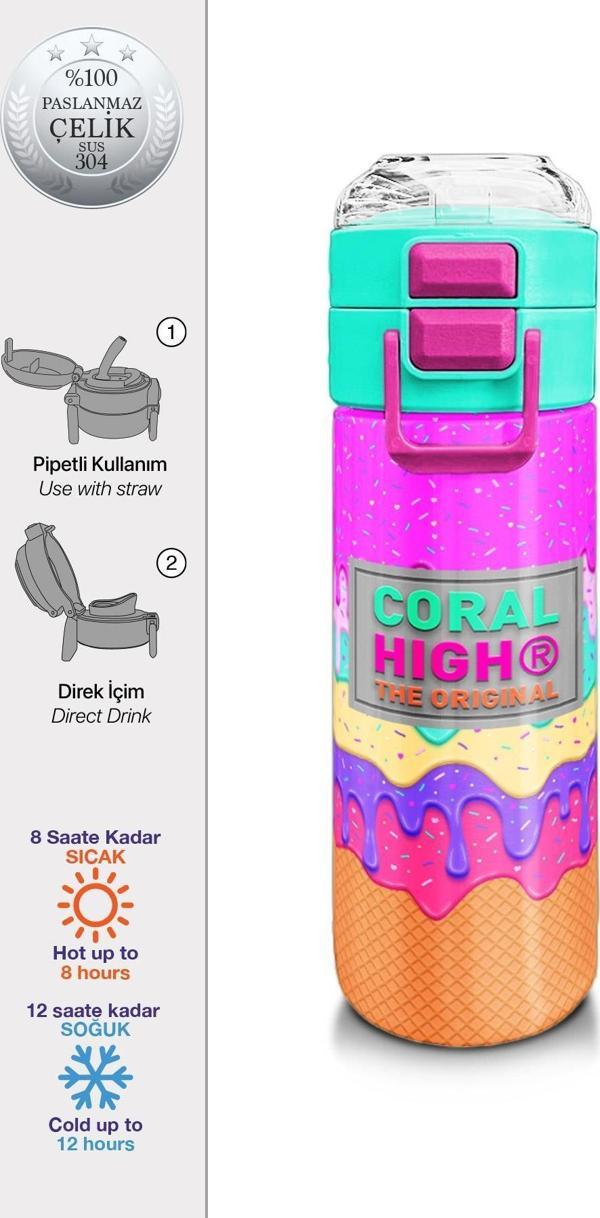 Coral High Kids Pembe Rengarenk Dondurma Desenli Pipetli ve Direkt İçim Çelik Termos 500 ml 31938 - Image 1