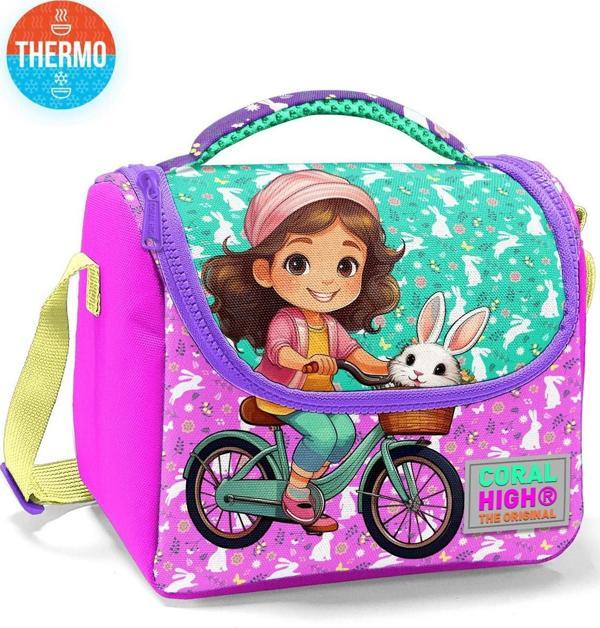 Coral High Kids Mor Pembe Bisikletli Kız Desenli Thermo Beslenme Çantası 12791 - Image 1
