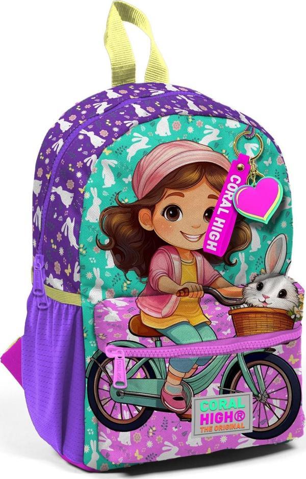 Minik Yuva Sırt Çantası Mor Pembe Bisikletli Kız Desenli İki Bölmeli 23569 - Image 1