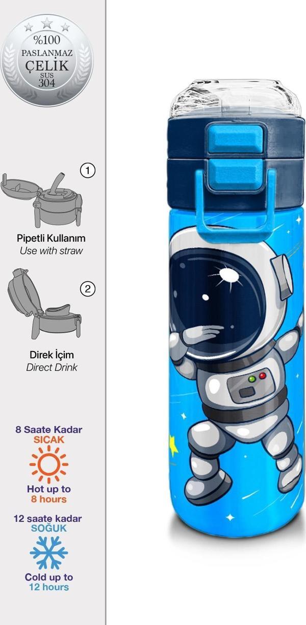 Coral High Kids Lacivert Mavi Astronot Desenli Pipetli ve Direkt İçim Çelik Termos 500 ml 31804 - Image 1